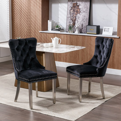 Solid Wood Dining Chair with Velvet Cushion and Chrome-Plated Stainless Steel Nail Legs, 2pcs Set
