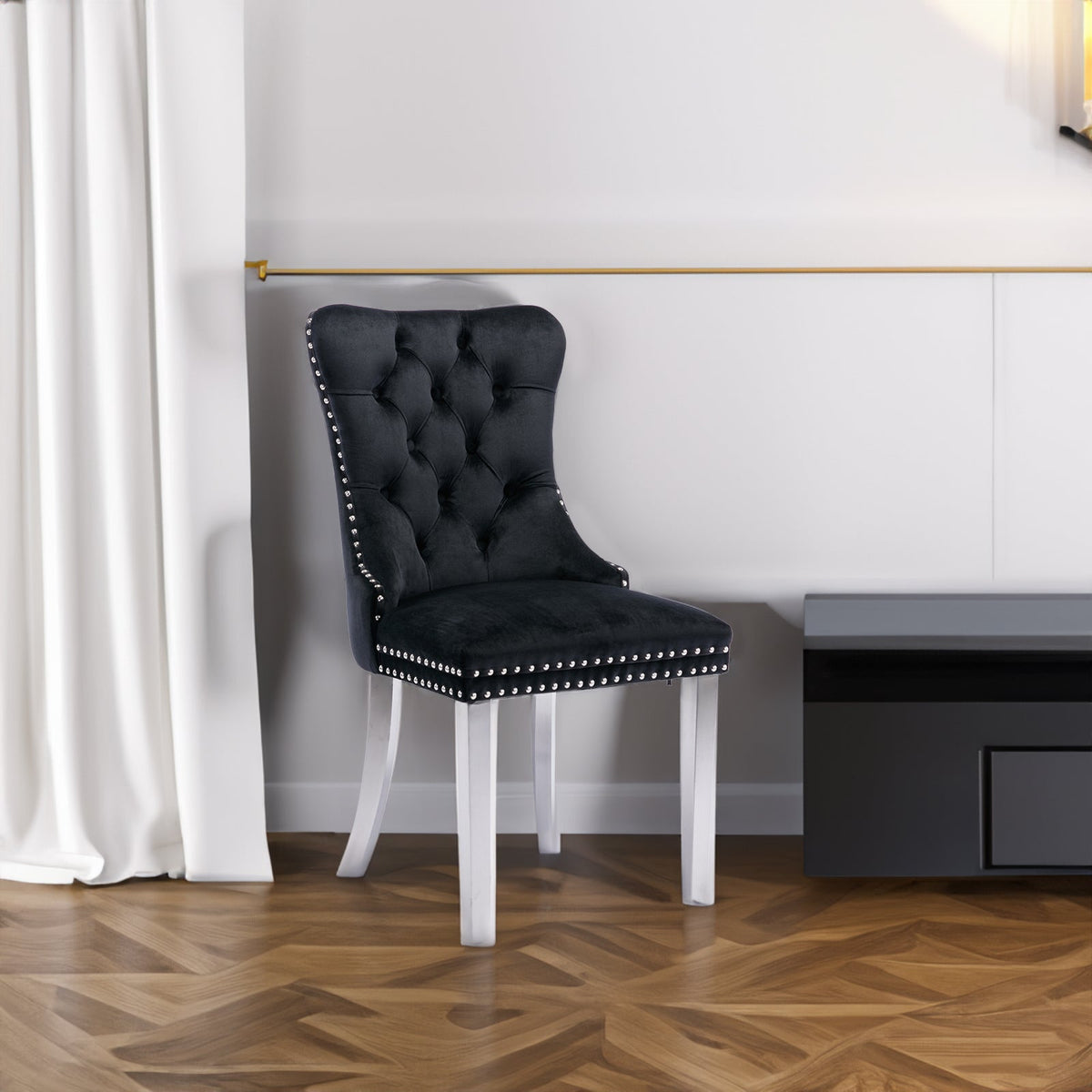 Solid Wood Dining Chair with Velvet Cushion and Chrome-Plated Stainless Steel Nail Legs, 2pcs Set