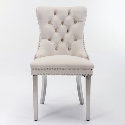 Solid Wood Dining Chair with Velvet Cushion and Chrome-Plated Stainless Steel Nail Legs, 2pcs Set