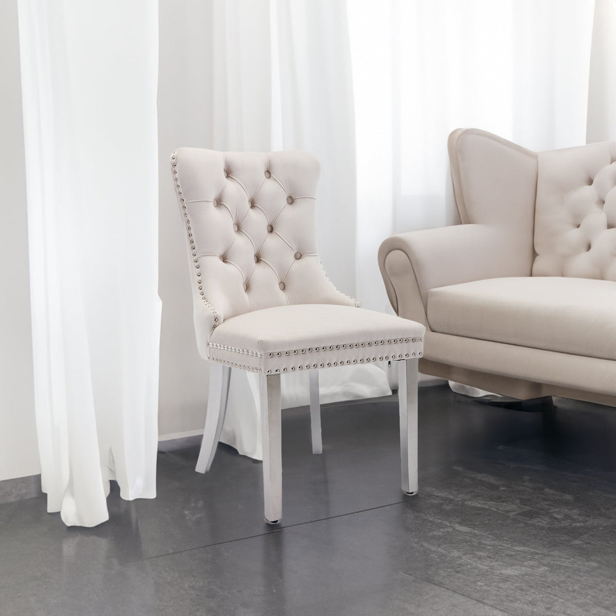 Solid Wood Dining Chair with Velvet Cushion and Chrome-Plated Stainless Steel Nail Legs, 2pcs Set