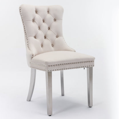 Solid Wood Dining Chair with Velvet Cushion and Chrome-Plated Stainless Steel Nail Legs, 2pcs Set