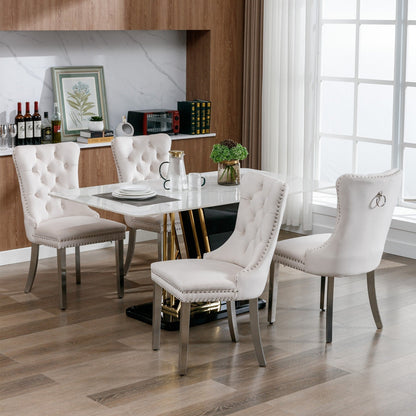 Solid Wood Dining Chair with Velvet Cushion and Chrome-Plated Stainless Steel Nail Legs, 2pcs Set
