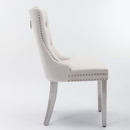 Solid Wood Dining Chair with Velvet Cushion and Chrome-Plated Stainless Steel Nail Legs, 2pcs Set