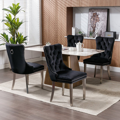 Solid Wood Dining Chair with Velvet Cushion and Chrome-Plated Stainless Steel Nail Legs, 2pcs Set