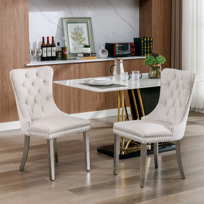 Solid Wood Dining Chair with Velvet Cushion and Chrome-Plated Stainless Steel Nail Legs, 2pcs Set