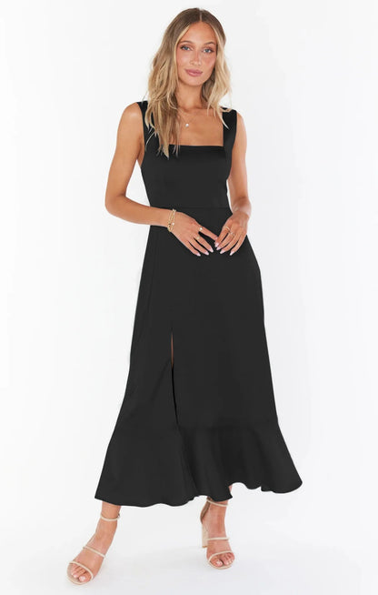 Spring/Summer Chiffon A-Line Strap Dress – Elegant Solid Color Ankle-Length Evening Bodycon Dress with Square Neck