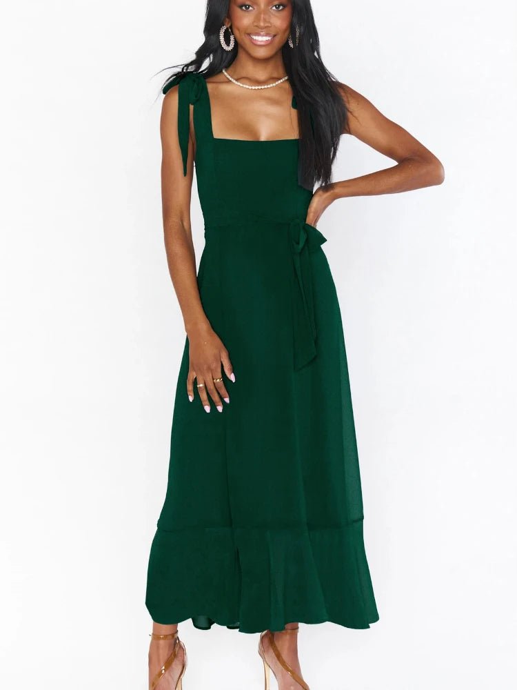 Spring/Summer Chiffon A-Line Strap Dress – Elegant Solid Color Ankle-Length Evening Bodycon Dress with Square Neck