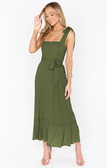 Spring/Summer Chiffon A-Line Strap Dress – Elegant Solid Color Ankle-Length Evening Bodycon Dress with Square Neck