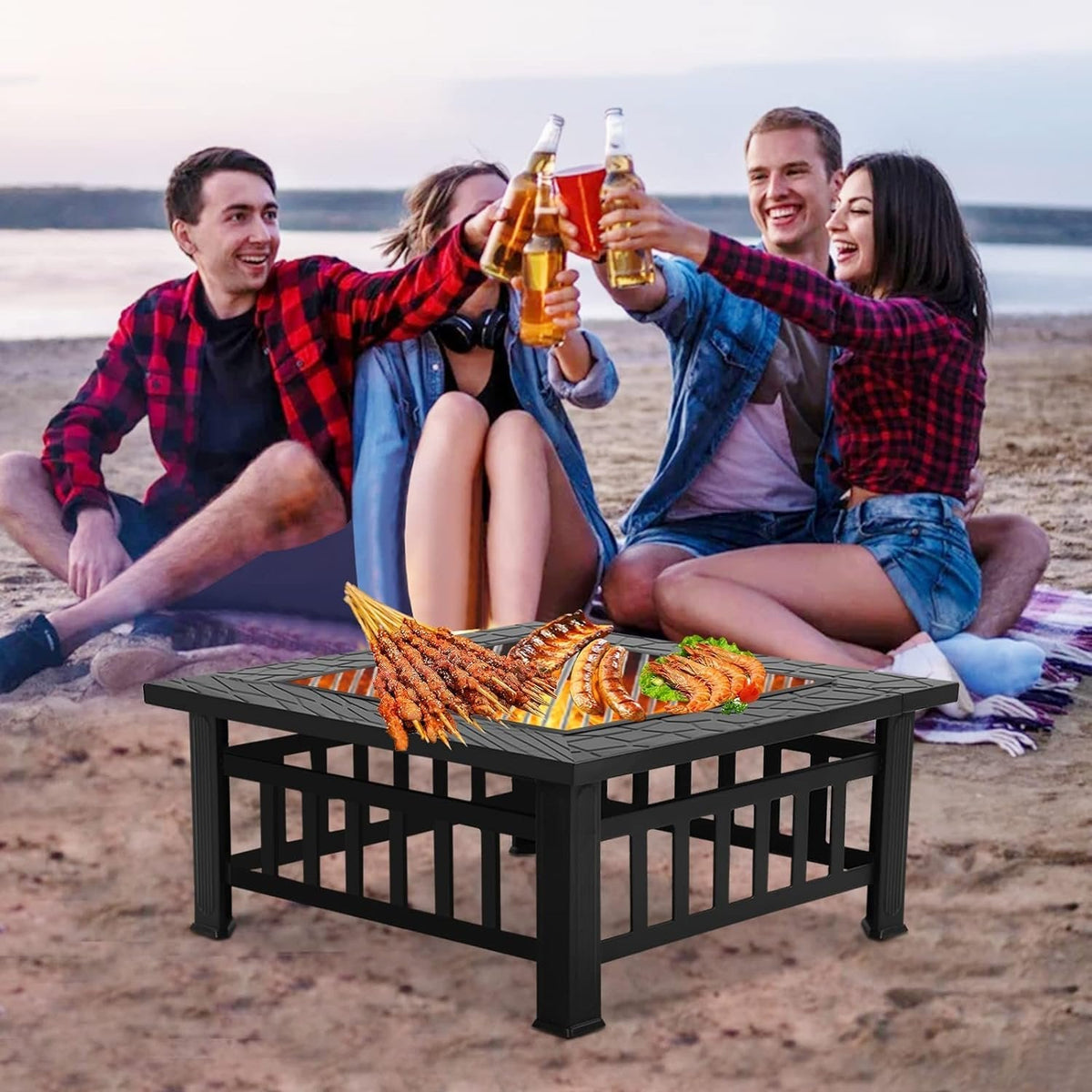 Square Outdoor Fire Pit Table - 3 IN 1 Waterproof Camping Grill Table