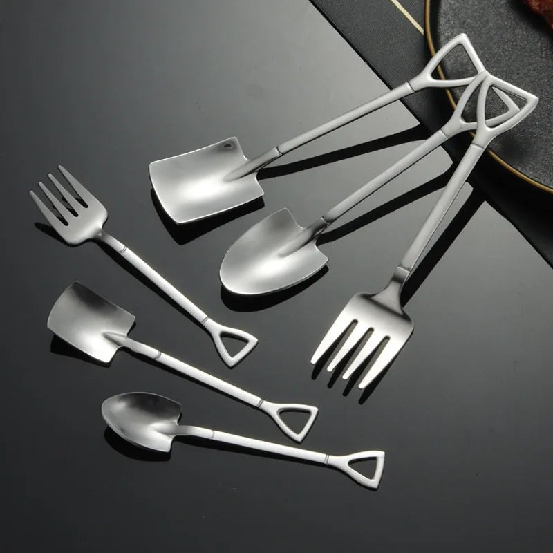 Stainless Steel Shovel Spoons & Fork Set – Creative Coffee Teaspoons, Fruit Forks, and Dessert Scoops for Ice Cream & Tableware Delight