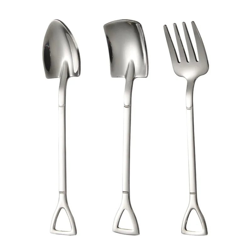 Stainless Steel Shovel Spoons & Fork Set – Creative Coffee Teaspoons, Fruit Forks, and Dessert Scoops for Ice Cream & Tableware Delight