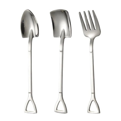 Stainless Steel Shovel Spoons & Fork Set – Creative Coffee Teaspoons, Fruit Forks, and Dessert Scoops for Ice Cream & Tableware Delight
