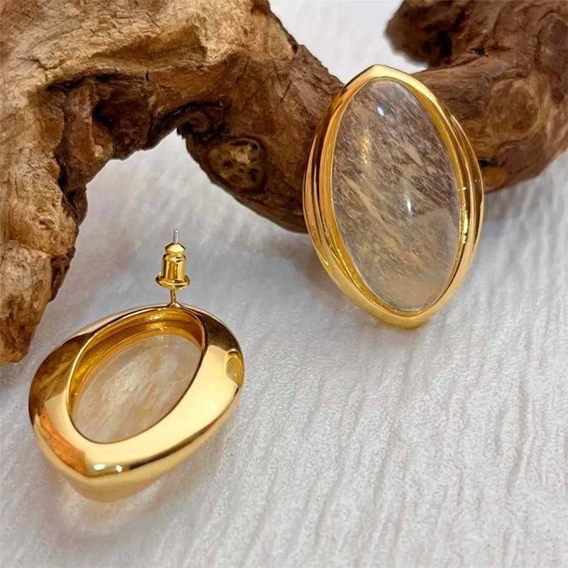 Natural Stone Open Bangle for Women – Elegant Brass Metal Bracelet for Light Luxury Fashion, Travel, and Party Accessories