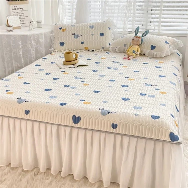 Summer Ice Silk Latex Mattress Set - Lace Style Ice Silk Mat, Bed Sheet, Skirt Style, Non Slip Fixed Mattress Protective Cover