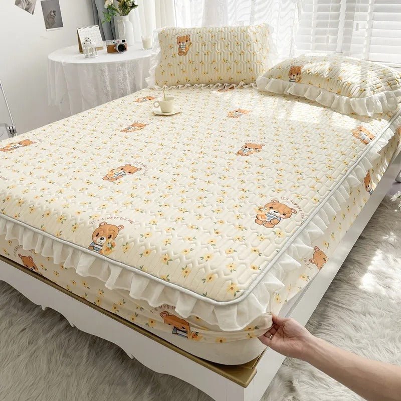 Summer Ice Silk Latex Mattress Set - Lace Style Ice Silk Mat, Bed Sheet, Skirt Style, Non Slip Fixed Mattress Protective Cover