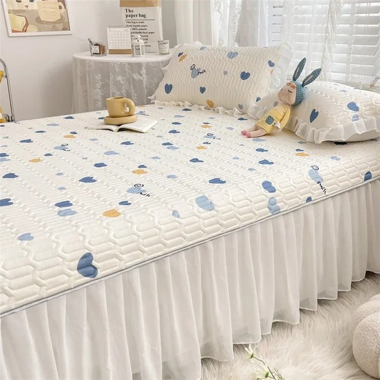 Summer Ice Silk Latex Mattress Set - Lace Style Ice Silk Mat, Bed Sheet, Skirt Style, Non Slip Fixed Mattress Protective Cover