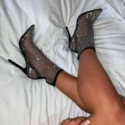 Rhinestone Fishnet Sock Heels – Black Mesh Pointed-Toe Stiletto Boots