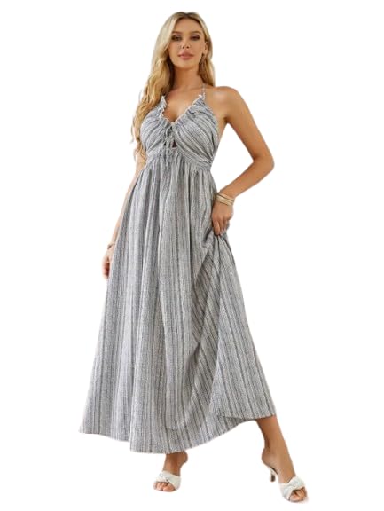 Summer U-Neck Bohemian Halter Maxi Dress – High Waist, Pleated, Backless Boho Style with Lace-Up Detailing