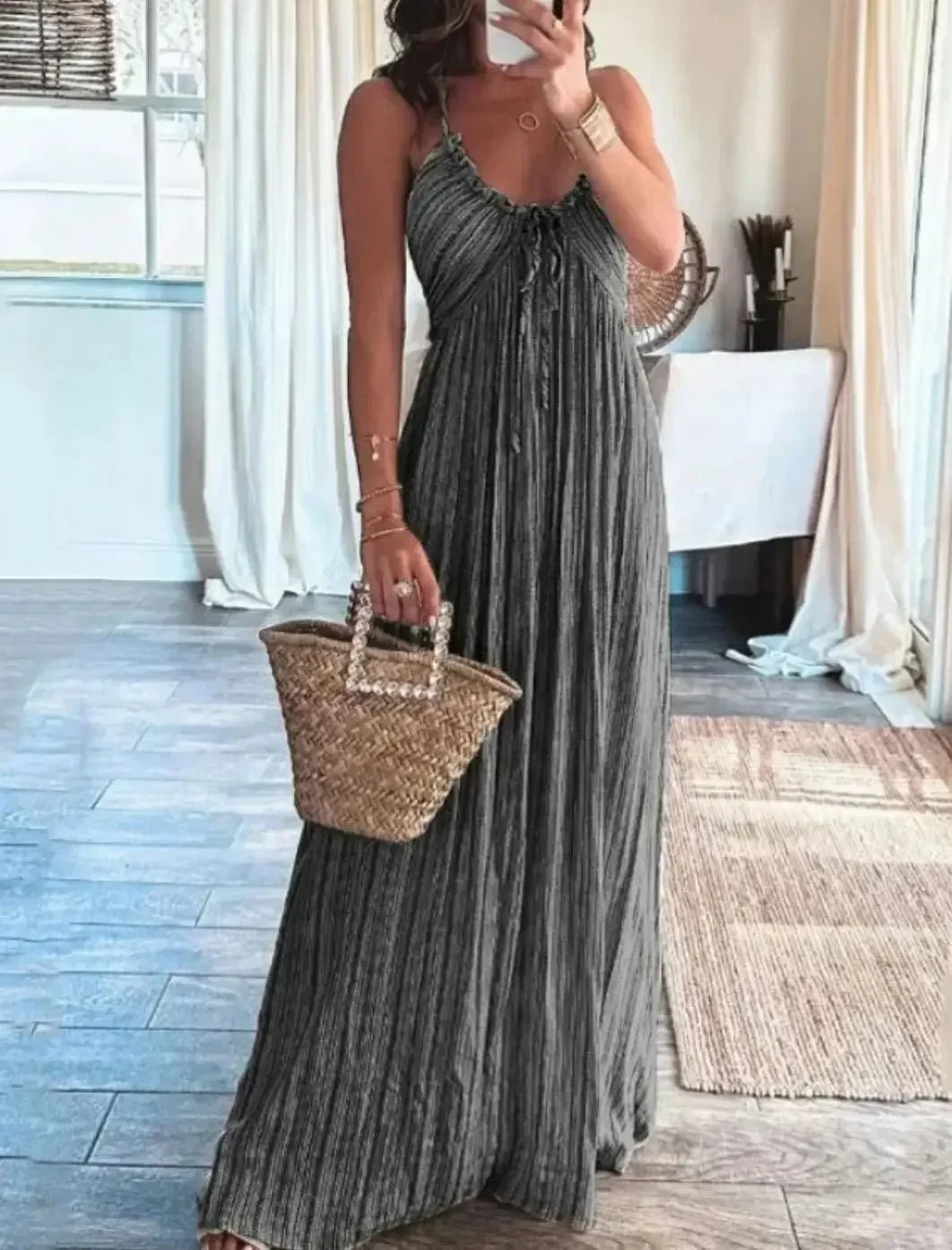 Summer U-Neck Bohemian Halter Maxi Dress – High Waist, Pleated, Backless Boho Style with Lace-Up Detailing
