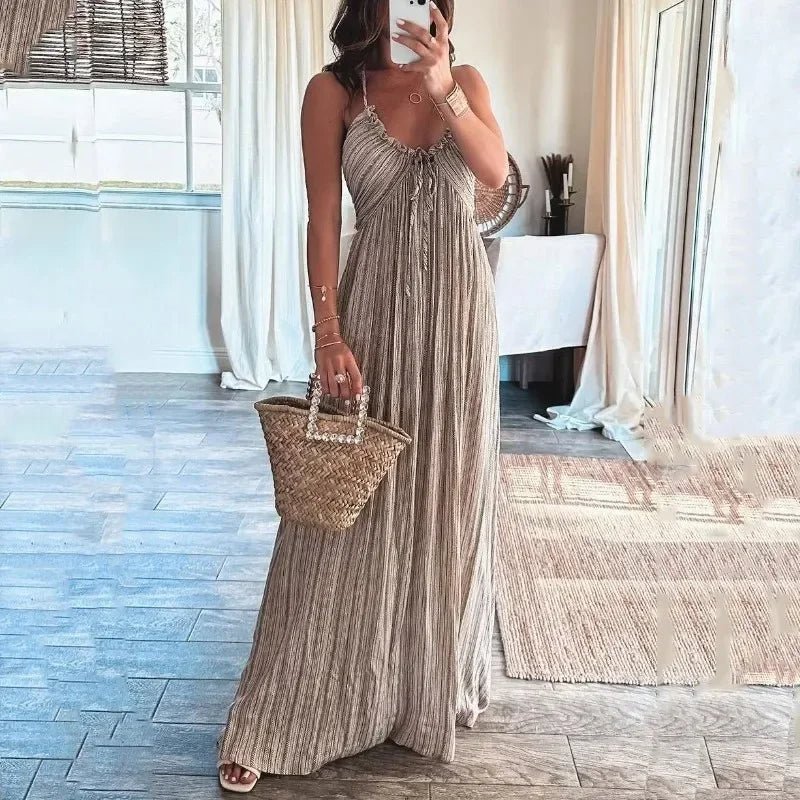 Summer U-Neck Bohemian Halter Maxi Dress – High Waist, Pleated, Backless Boho Style with Lace-Up Detailing