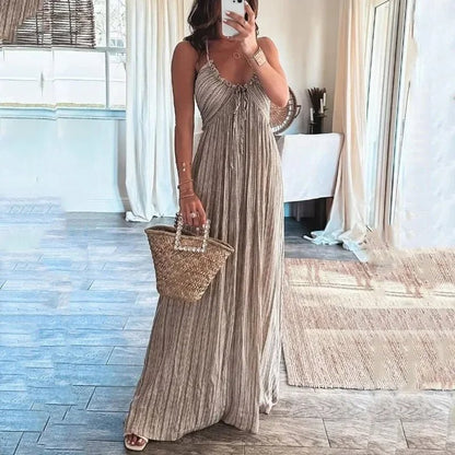 Summer U-Neck Bohemian Halter Maxi Dress – High Waist, Pleated, Backless Boho Style with Lace-Up Detailing
