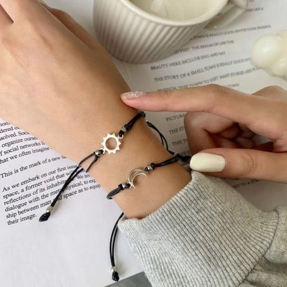 Sun & Moon Adjustable Buddy Bracelet -  Black Rope Thread String Bracelets For Couples Perfect for Valentine's Day