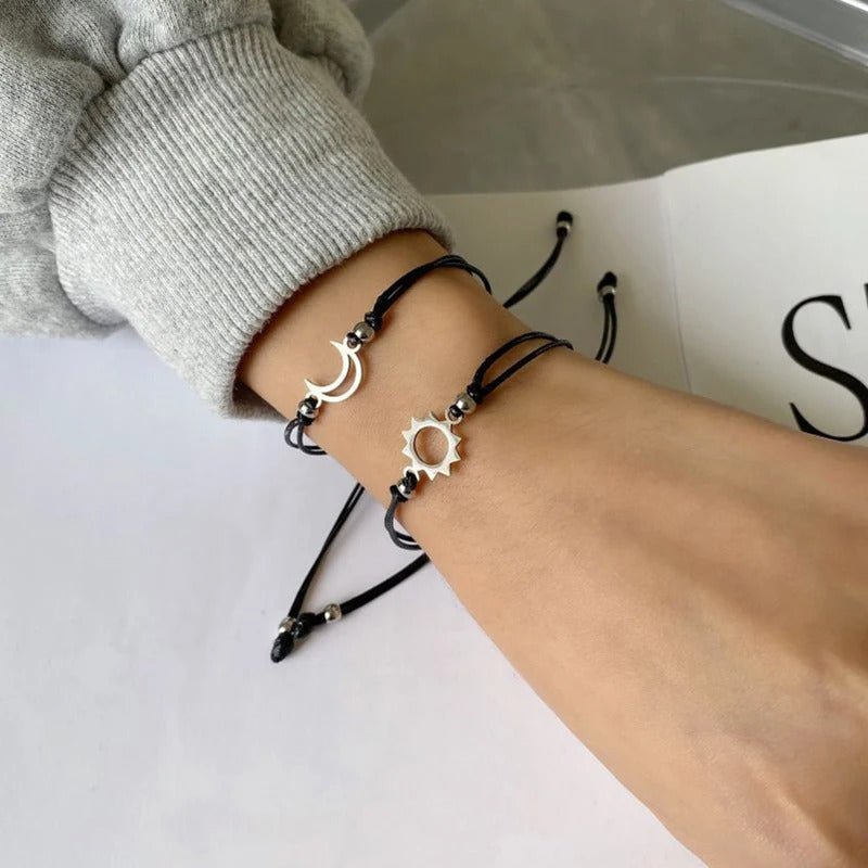 Sun & Moon Adjustable Buddy Bracelet -  Black Rope Thread String Bracelets For Couples Perfect for Valentine's Day