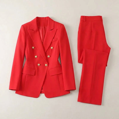 Women's Pant Suit – Double Breasted Business Blazer Set, Gold Buttons – Blazer, Pants or Skirt