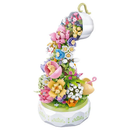 Teacup Flower Music Box Building Blocks - Botanical Collection Gift For Child and Adult
