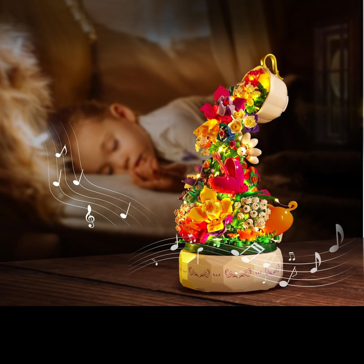 Teacup Flower Music Box Building Blocks - Botanical Collection Gift For Child and Adult