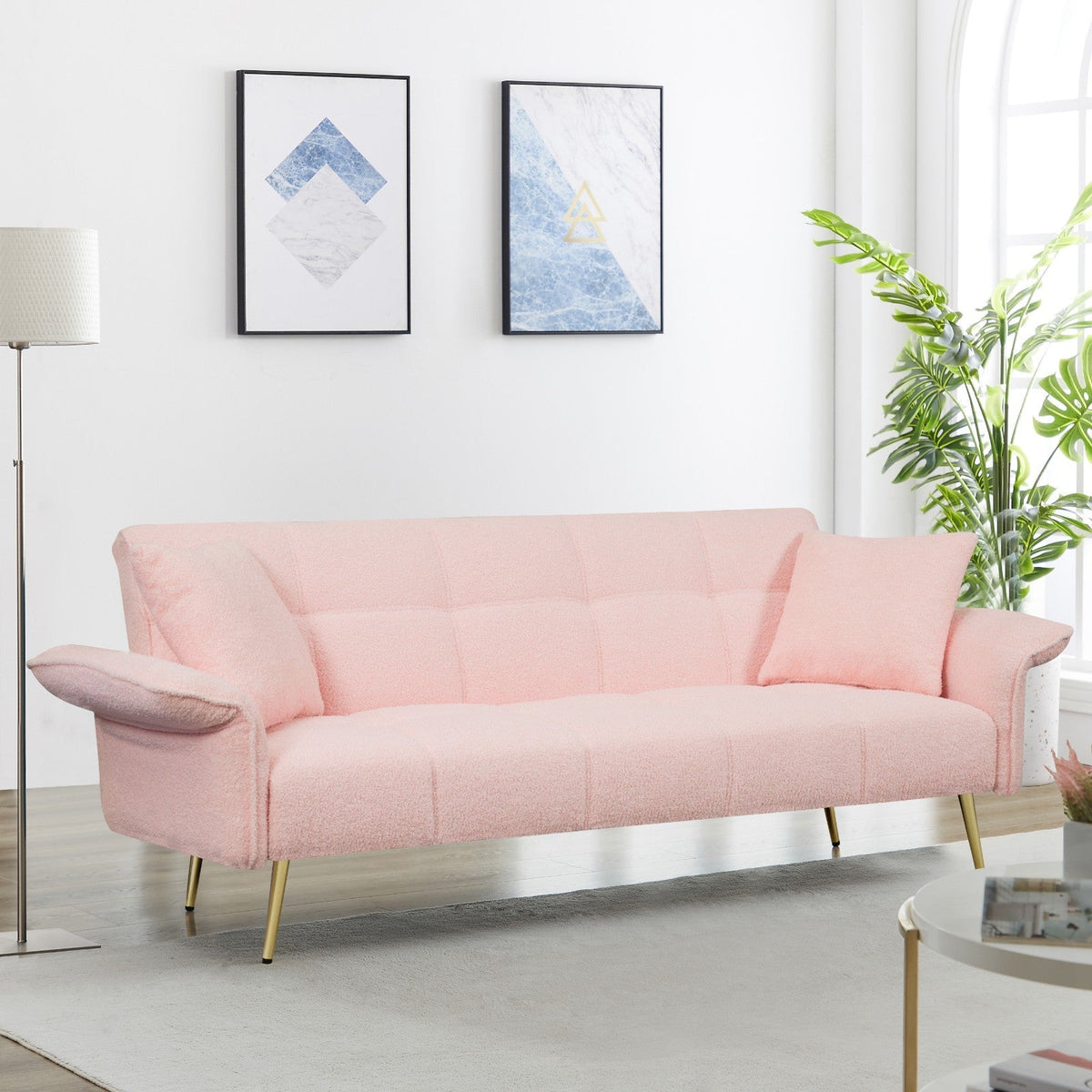 Teddy Velvet Sofa with Adjustable Armrests and Backrest, Convertible Futon Sofa for Living Room and Bedroom (70-inch)