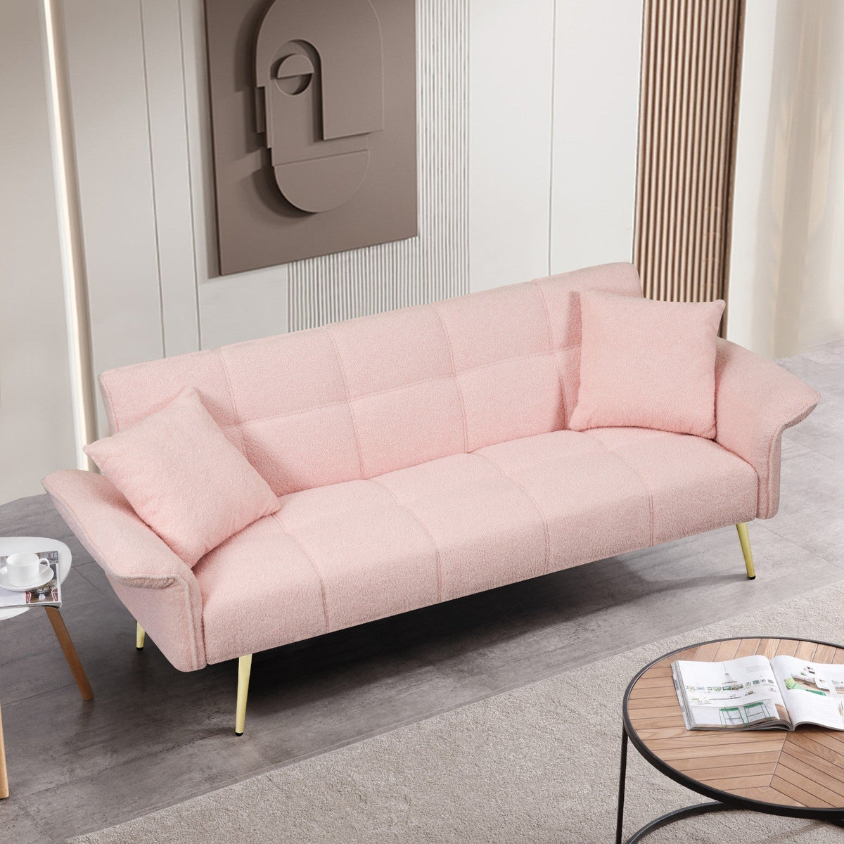 Teddy Velvet Sofa with Adjustable Armrests and Backrest, Convertible Futon Sofa for Living Room and Bedroom (70-inch)