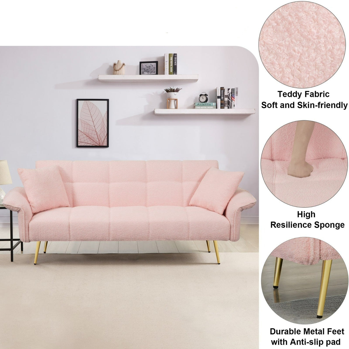 Teddy Velvet Sofa with Adjustable Armrests and Backrest, Convertible Futon Sofa for Living Room and Bedroom (70-inch)