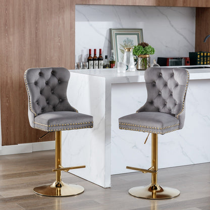 Thick Gold Rotating Velvet Bar Stool with Adjustable Seat Height of 25-33 inches and Backrest (Gray, set of 2 pieces)