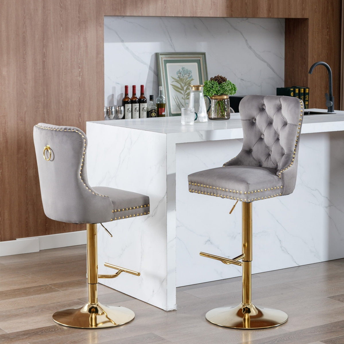 Thick Gold Rotating Velvet Bar Stool with Adjustable Seat Height of 25-33 inches and Backrest (Gray, set of 2 pieces)