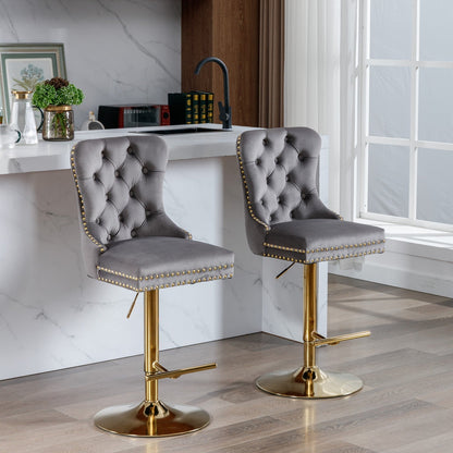 Thick Gold Rotating Velvet Bar Stool with Adjustable Seat Height of 25-33 inches and Backrest (Gray, set of 2 pieces)