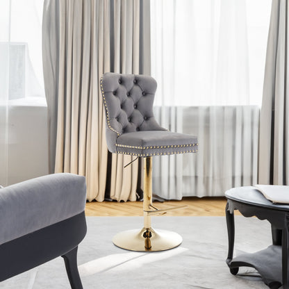 Thick Gold Rotating Velvet Bar Stool with Adjustable Seat Height of 25-33 inches and Backrest (Gray, set of 2 pieces)