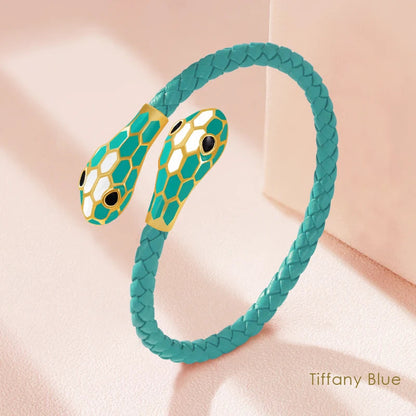 Double Snake Head Leather Bracelet – Classic Moonlight Braided Jewelry for Women’s Fashion with Genuine Leather & Gift Appeal
