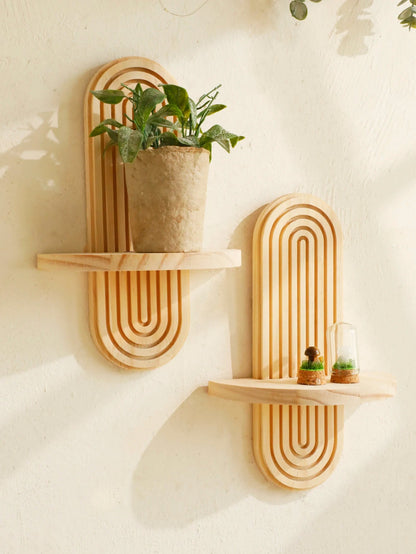 Boho Geometric Wooden Wall Shelf – Stylish Mounted Rack with Natural Finish for Modern Plant Displays and Cozy Home Vibes