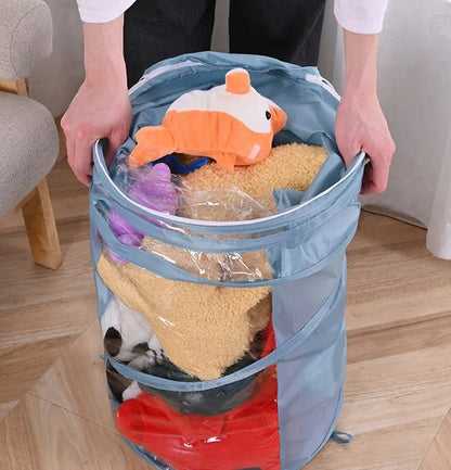 Transparent Cylindrical Toy Storage Bag – Dustproof Display Bucket for Plush Dolls & Children's Toys