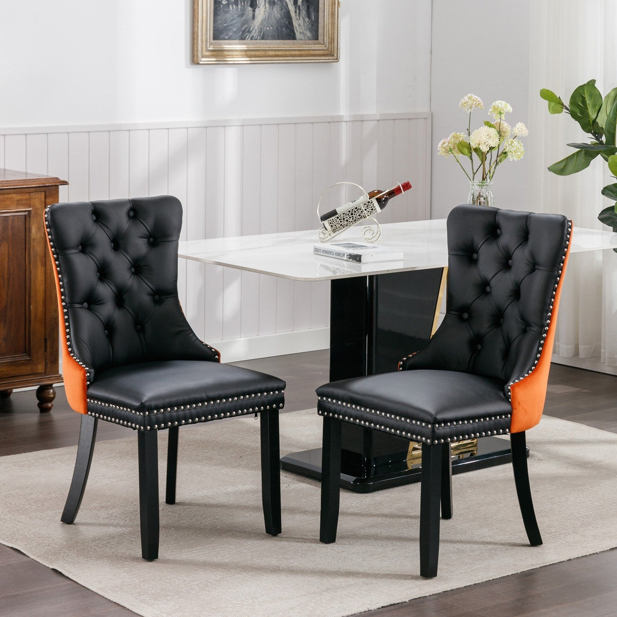 Tufted Solid Wood Contemporary PU and Velvet Upholstered Dining Chair with Wood Legs Nailhead Trim 2pcs Set
