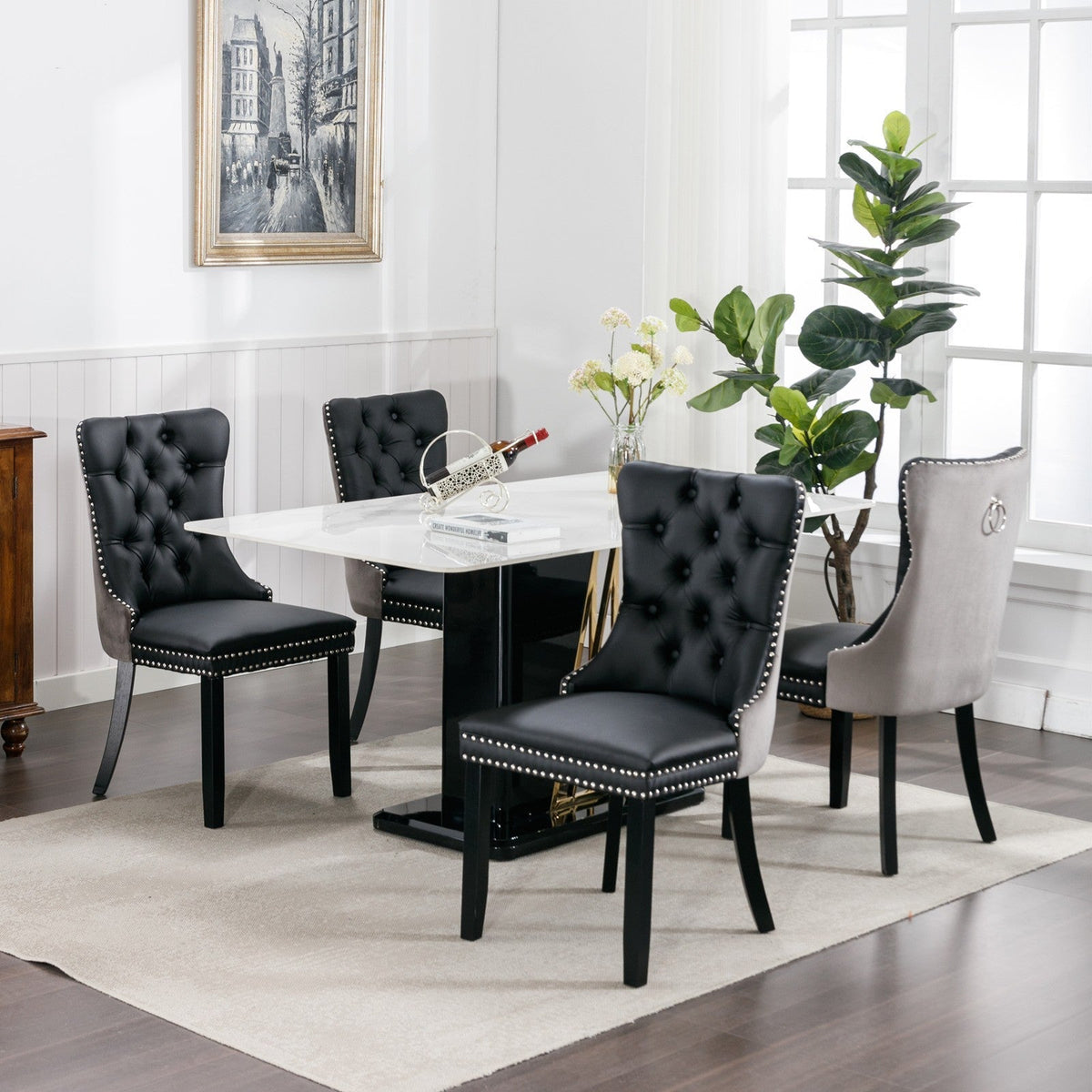 Tufted Solid Wood Contemporary PU and Velvet Upholstered Dining Chair with Wood Legs Nailhead Trim 2pcs Set