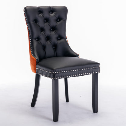 Tufted Solid Wood Contemporary PU and Velvet Upholstered Dining Chair with Wood Legs Nailhead Trim 2pcs Set