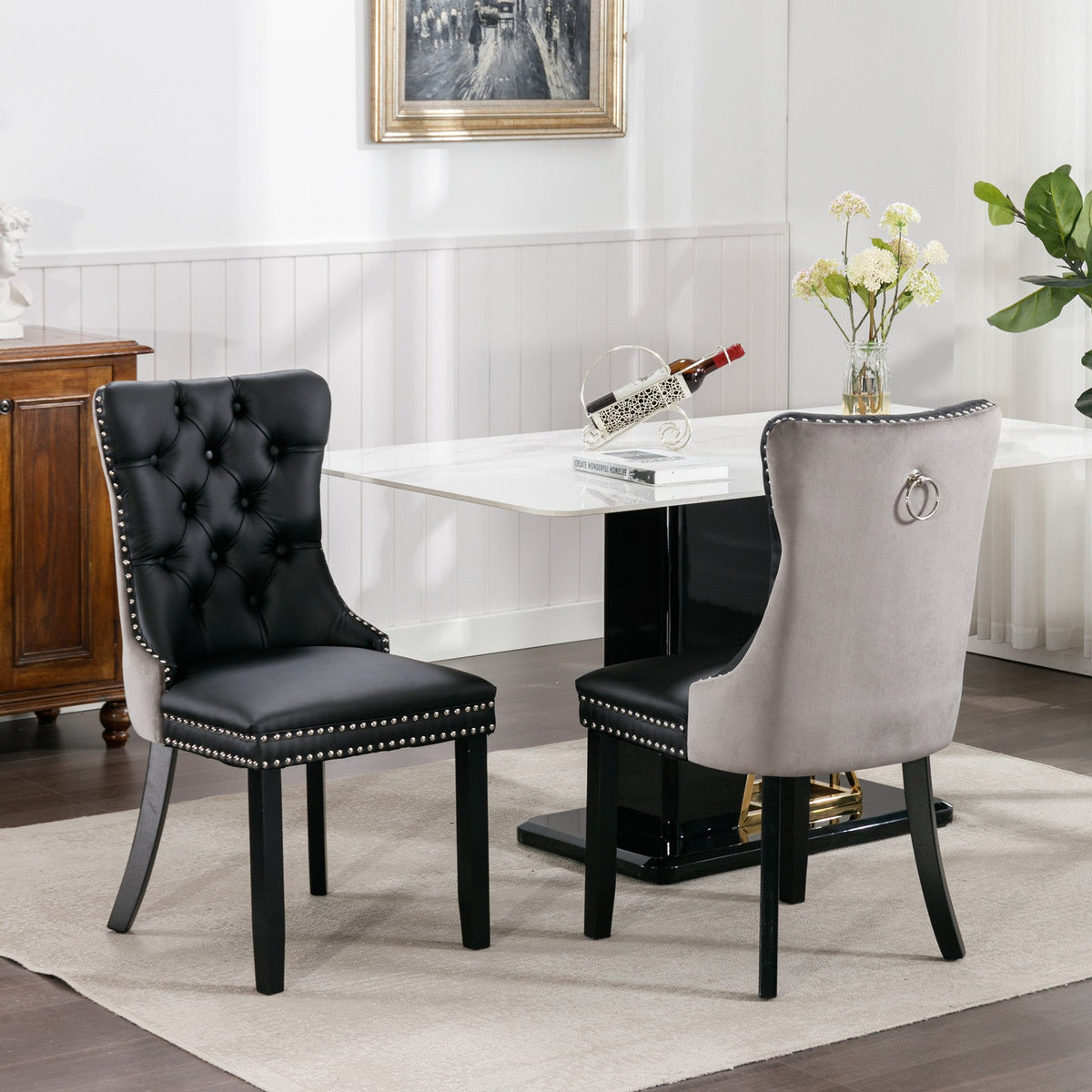Tufted Solid Wood Contemporary PU and Velvet Upholstered Dining Chair with Wood Legs Nailhead Trim 2pcs Set