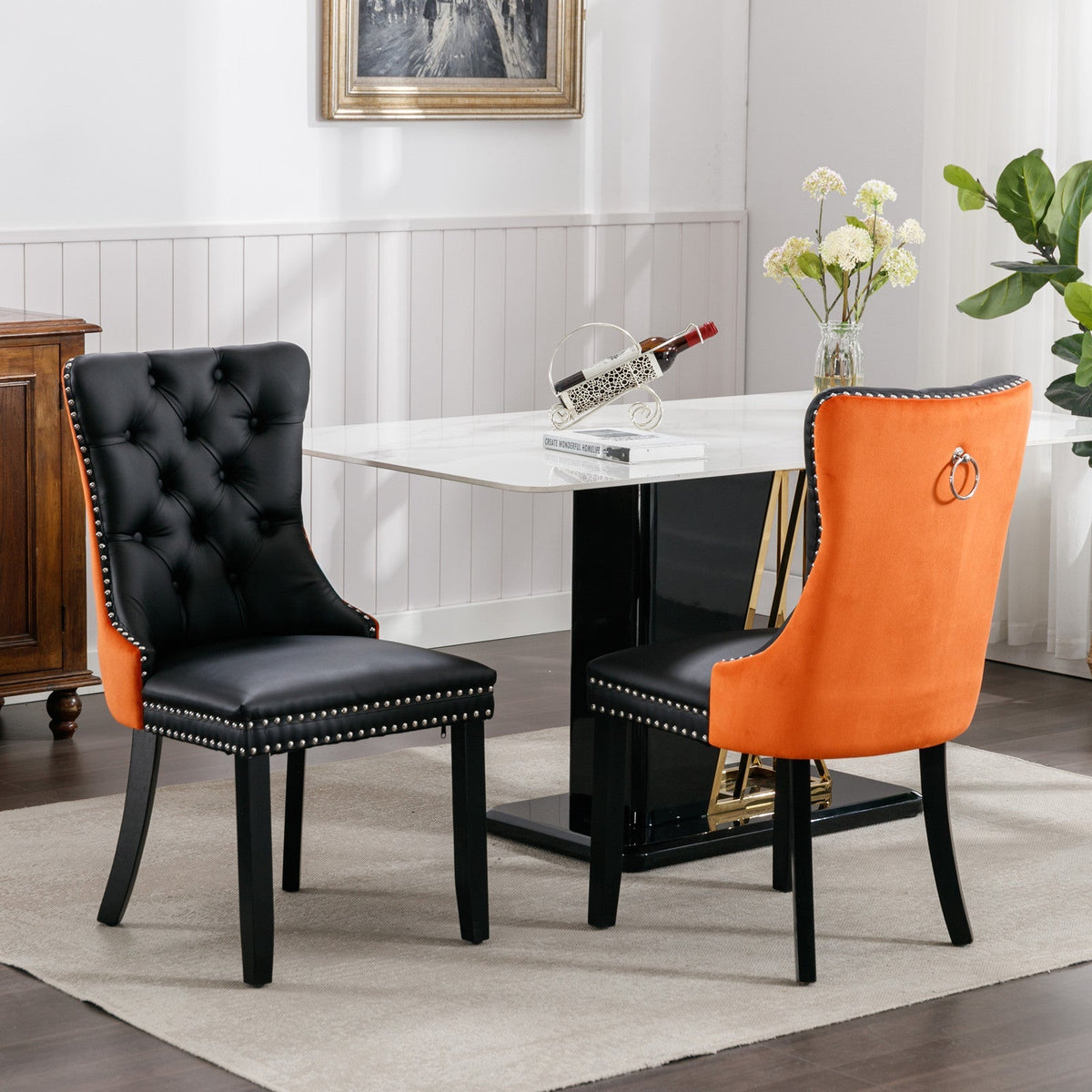 Tufted Solid Wood Contemporary PU and Velvet Upholstered Dining Chair with Wood Legs Nailhead Trim 2pcs Set