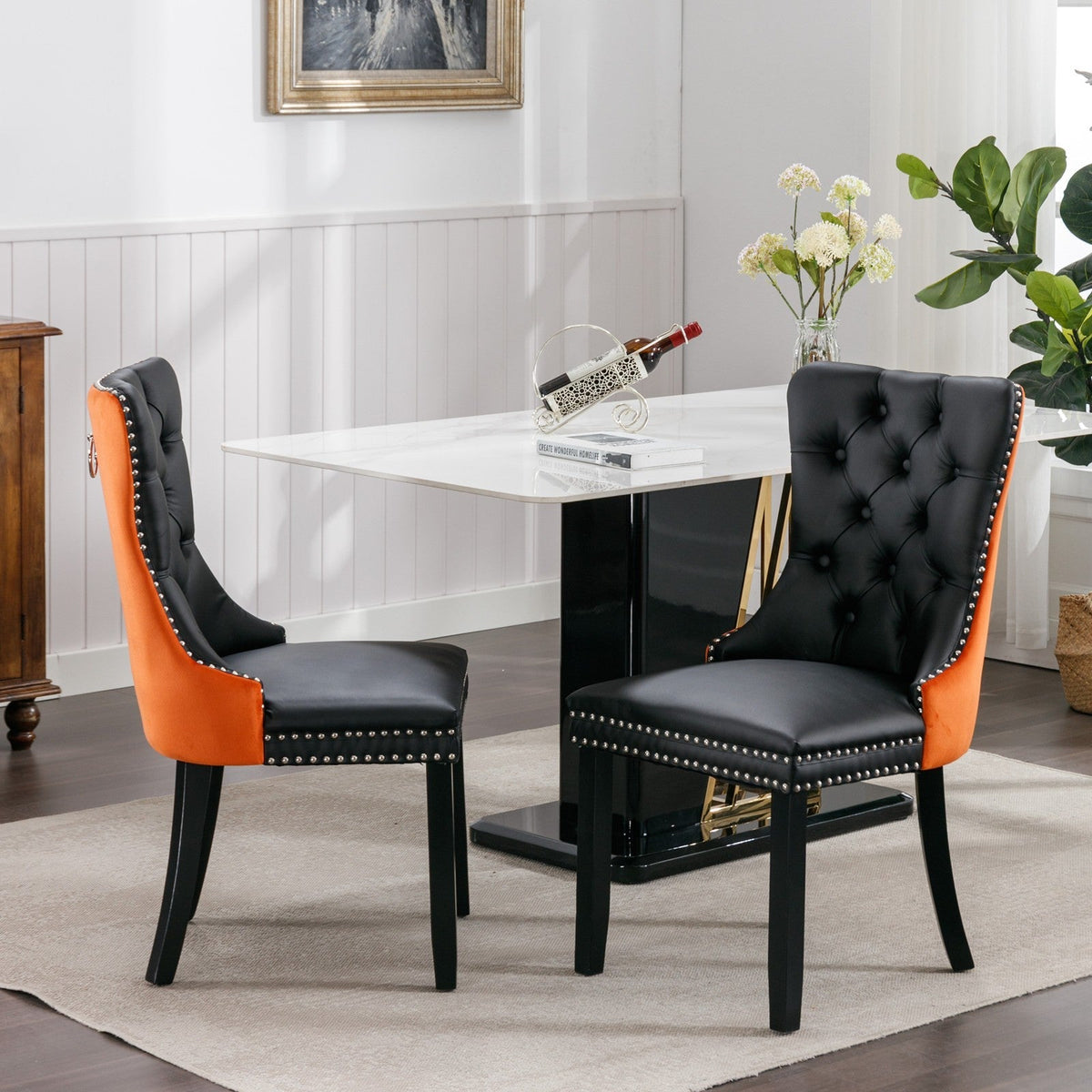 Tufted Solid Wood Contemporary PU and Velvet Upholstered Dining Chair with Wood Legs Nailhead Trim 2pcs Set