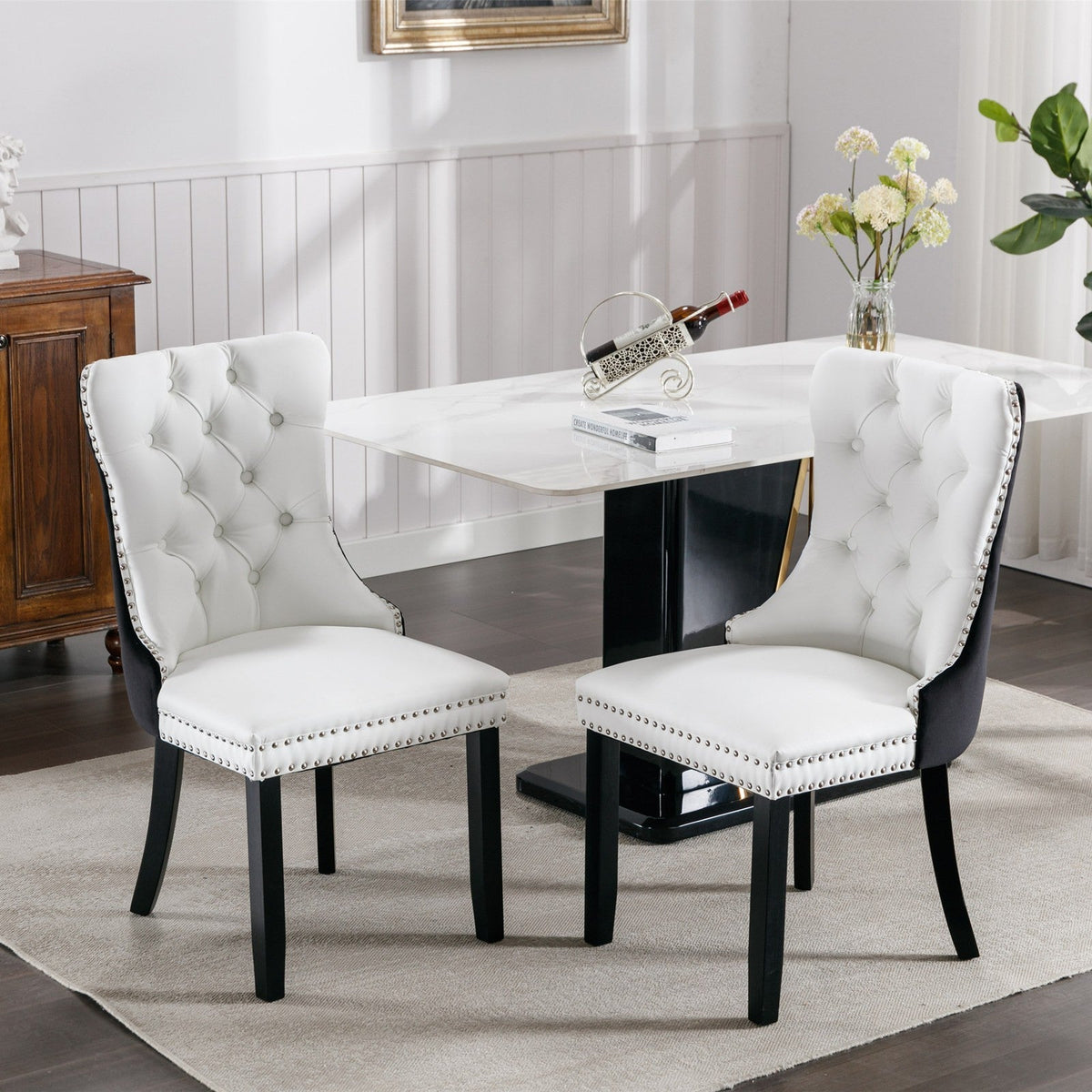 Tufted Solid Wood PU and Velvet Cushioned Dining Chairs with Wooden Leg Nail Head Decoration 2-piece set in (White and Black)