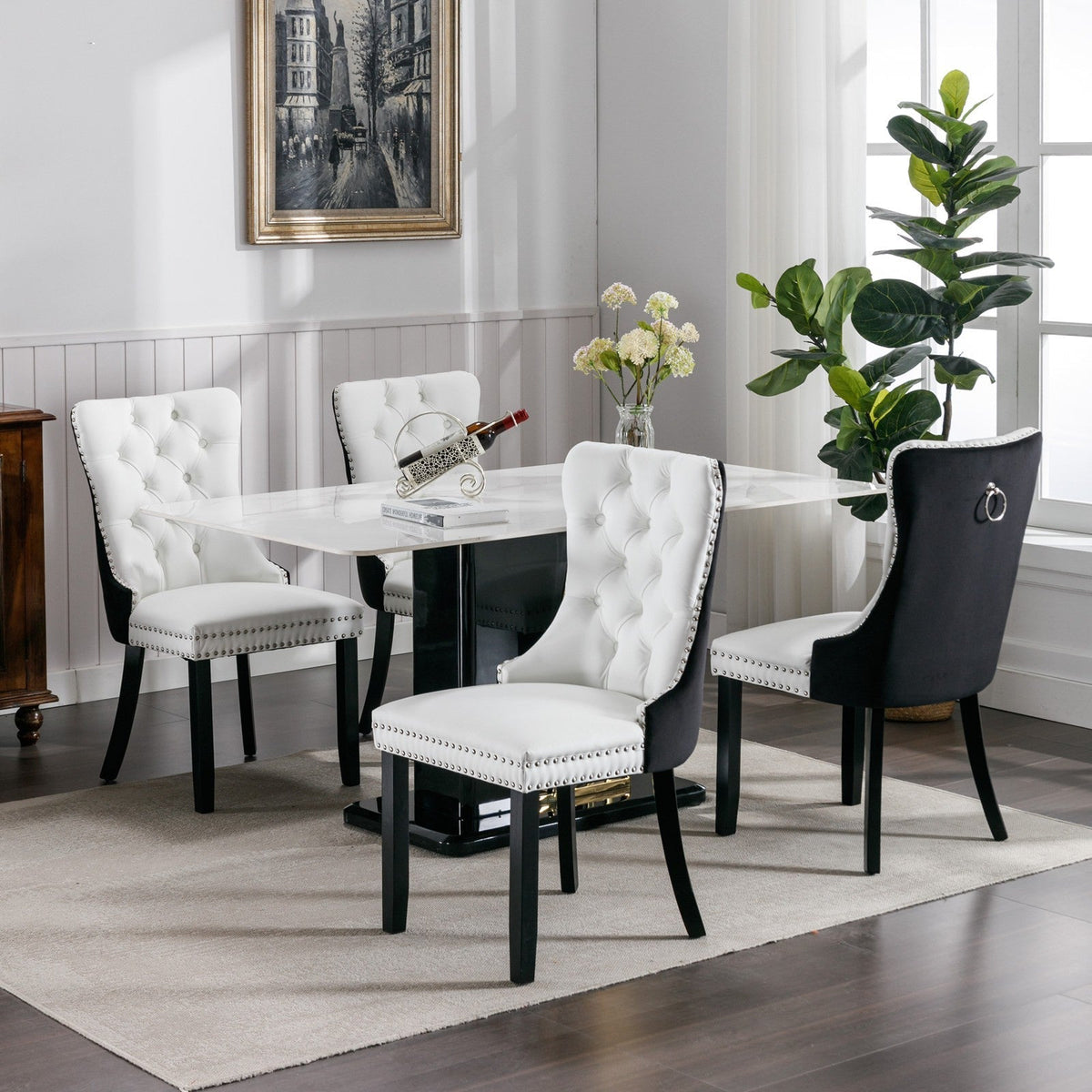 Tufted Solid Wood PU and Velvet Cushioned Dining Chairs with Wooden Leg Nail Head Decoration 2-piece set in (White and Black)
