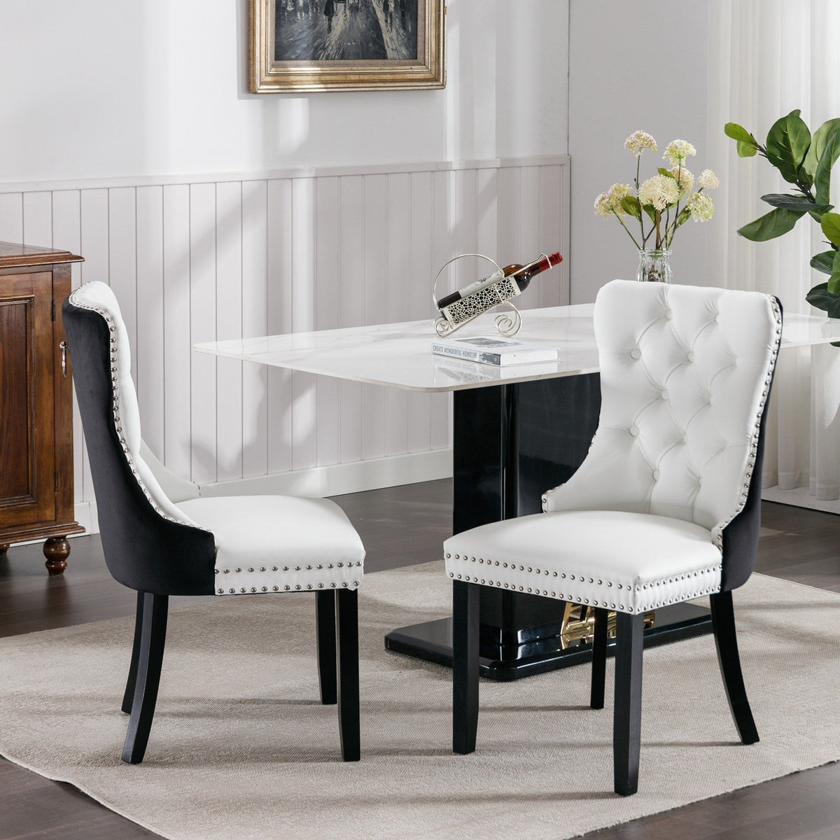 Tufted Solid Wood PU and Velvet Cushioned Dining Chairs with Wooden Leg Nail Head Decoration 2-piece set in (White and Black)