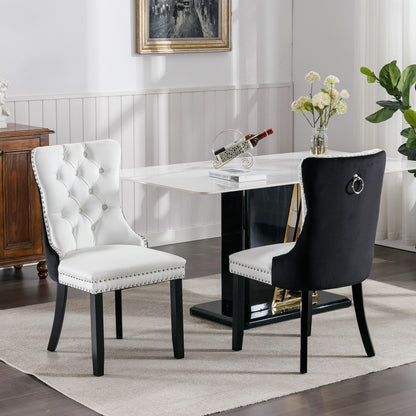 Tufted Solid Wood PU and Velvet Cushioned Dining Chairs with Wooden Leg Nail Head Decoration 2-piece set in (White and Black)